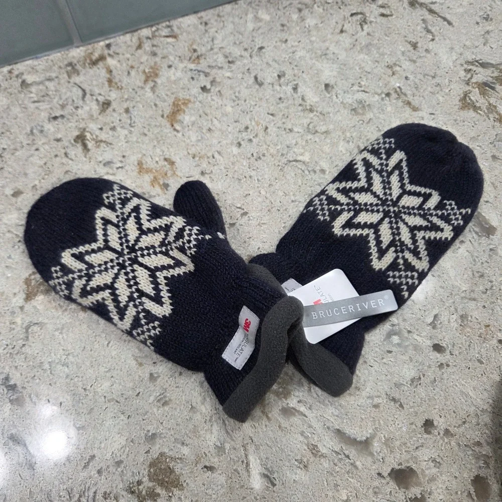 NWT Bruce River Women Navy Blue Nordic Snowflake Knit‎ Mittens 3M Thinsulate S